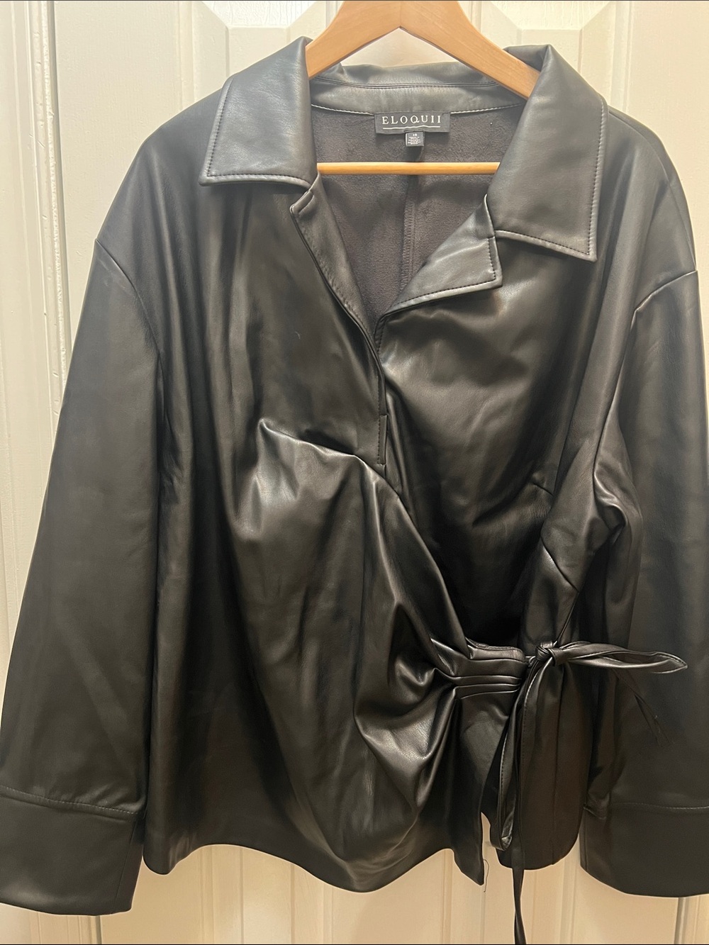 Eloquii Black Faux Leather Wrap-Front Jacket with Tie Waist Sz 18